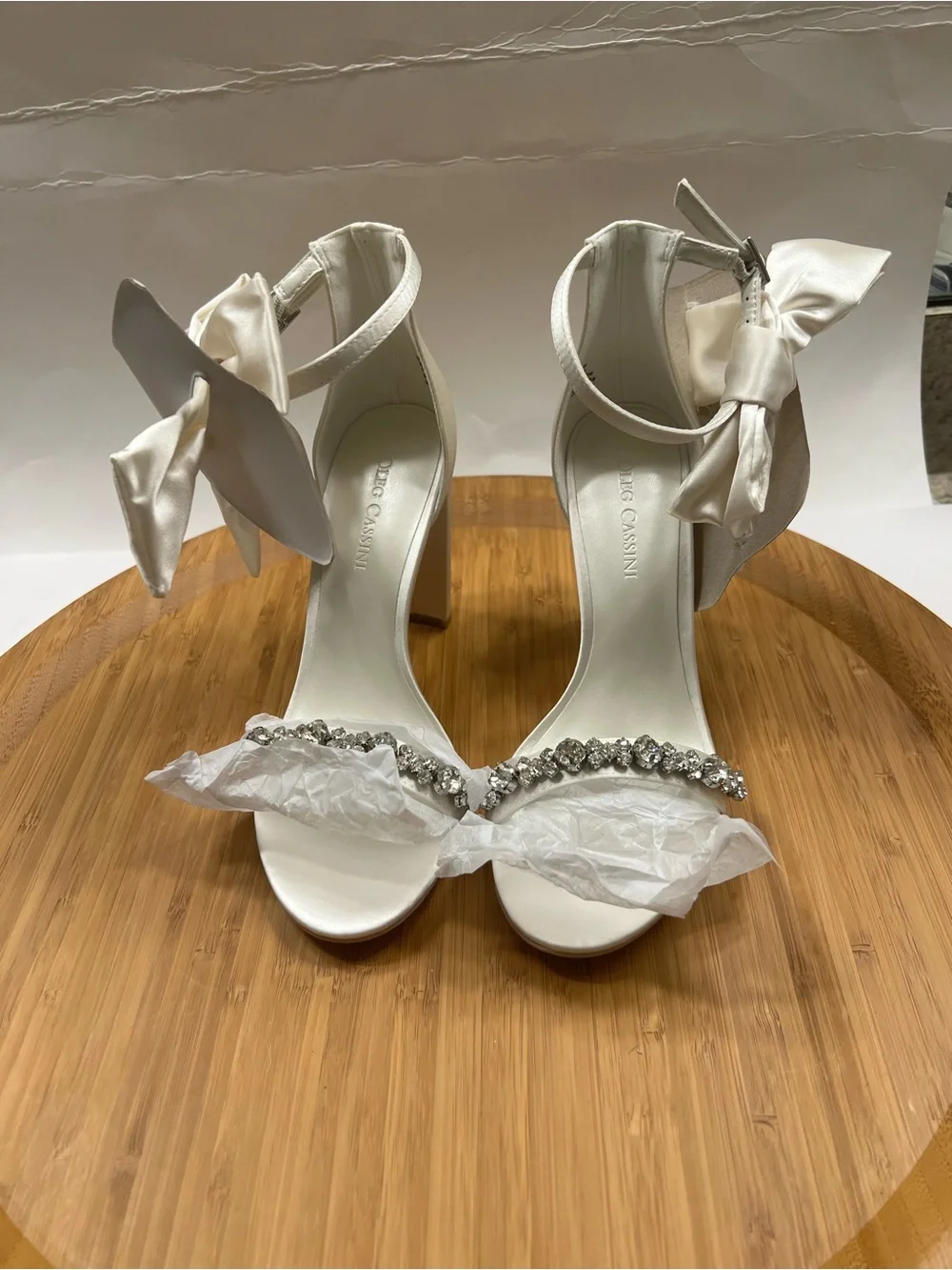 Oleg Cassini Melania Silk Embellished Ankle-Strap Heels with Bow Size 6